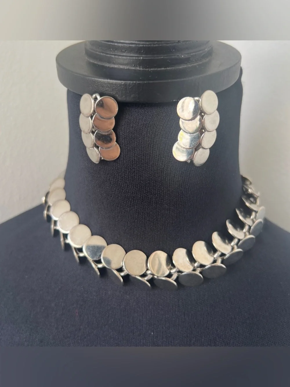 3-pc Vintage Silver Chainmail Choker Necklace Earrings Set Clip Disc Earrings - Picture 6 of 6